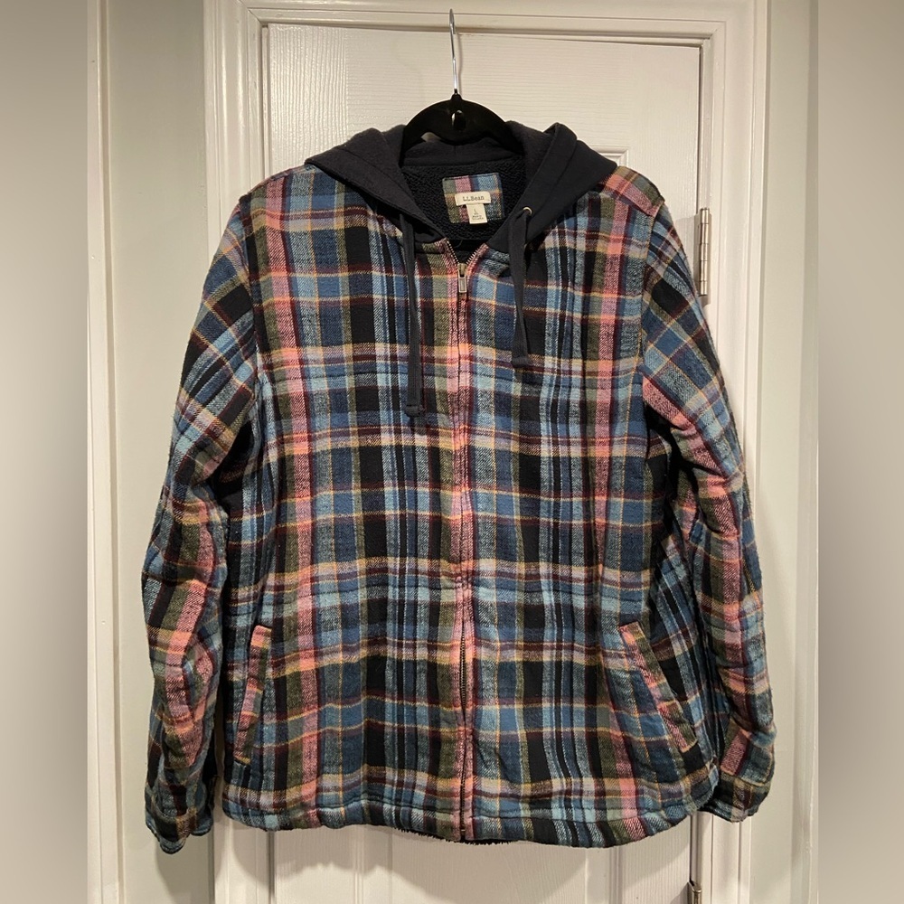 L.L. Bean Size L Full Zip Flannel Fleece Lined Shacket Shirt Drawstring Hood